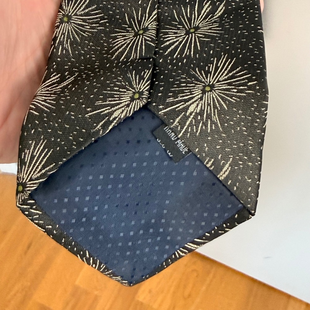 Vintage Starburst Firework Silk Tie Mens Dark Olive Green Gold Hand Made 57" - Picture 4 of 10